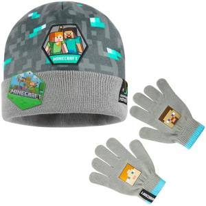 Minecraft Boys Winter Set, 6–14 Yrs, 3Pc Beanie Scarf Gloves, 2Pc Knit Cap Mitts, 1 Pc Bucket Hat|Beanie Gifts for Boys (6-14 Years, Grey Hat & Gloves)