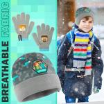 Minecraft Boys Winter Set, 6–14 Yrs, 3Pc Beanie Scarf Gloves, 2Pc Knit Cap Mitts, 1 Pc Bucket Hat|Beanie Gifts for Boys (6-14 Years, Grey Hat & Gloves)