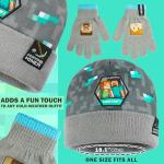 Minecraft Boys Winter Set, 6–14 Yrs, 3Pc Beanie Scarf Gloves, 2Pc Knit Cap Mitts, 1 Pc Bucket Hat|Beanie Gifts for Boys (6-14 Years, Grey Hat & Gloves)