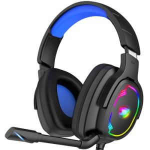 Jimonyer Gaming Headset for PC/PS4/PS5/Xbox One/Switch, Stereo Surround Sound Gaming Headphones with Noise Canceling Flexible Mic, Computer Headset with 3.5mm Jack & RGB Light(Blue)