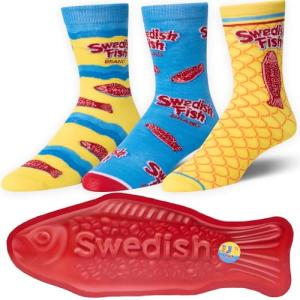 Odd Sox – Swedish Fish 3-Pack Gift Box – Crew Socks with Candy Graphic – Fun Collectible – Comfy Polyester Blend – Perfect Holiday or Birthday