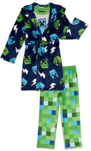 NWT 3 PC Kids Minecraft Creeper Pajamas Robe Set Hoodie Cover Up Boy Girl 6 8 10