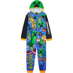 Get Trend Minecraft One Piece Pajamas for Boys, Teens, Hooded Long Sleeved Fleece Jumpsuit, Zip Up Sleepwear, Creeper Loungewear PJs, Gifts for Boys (11-12 Years, Multi Hooded Minecraft)