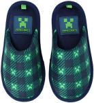 Minecraft Scuff Slippers for Boys, Plaid Creeper Print, Navy/Green, Size 3/4 Big Kid