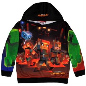 Minecraft Boy's Sublimated Long Sleeve Pullover Hoodie for Kids and Teens (Black/Green, Size 14/16)
