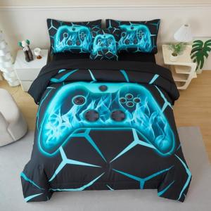 ZSYAYAHA Gamer Twin Bedding Set for Boys 6 Pieces Gamepad Comforter Set for Kids Teens Black Aqua Bed in A Bag 3D Geometric Video Gaming Bed Sets with Sheets(Aqua, Twin)