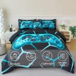 ZSYAYAHA Gamer Twin Bedding Set for Boys 6 Pieces Gamepad Comforter Set for Kids Teens Black Aqua Bed in A Bag 3D Geometric Video Gaming Bed Sets with Sheets(Aqua, Twin)