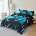 ZSYAYAHA Gamer Twin Bedding Set for Boys 6 Pieces Gamepad Comforter Set for Kids Teens Black Aqua Bed in A Bag 3D Geometric Video Gaming Bed Sets with Sheets(Aqua, Twin)