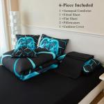 ZSYAYAHA Gamer Twin Bedding Set for Boys 6 Pieces Gamepad Comforter Set for Kids Teens Black Aqua Bed in A Bag 3D Geometric Video Gaming Bed Sets with Sheets(Aqua, Twin)