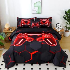 BYHOFMLY 6 Pieces Kids Gaming Bedding Set Black and Red Twin Comforter Set for Boys 3D Video Game Teen Boy Bed in A Bag Honeycomb Gamer Comforter and Sheet Set (Black Red, Twin)