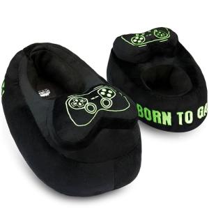 Get Trend Slippers for Boys, Teens, Indoor 3D Gaming House Shoes, Cozy Plush Slip On Bedroom Slippers with Non Slip Sole, Gamer Gifts for Boys (2/3 US, Black/Green Gaming)