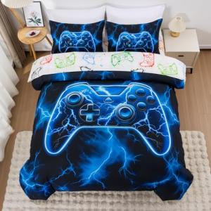Meeting Story Gamer Comforter Set for Boys, 3D Game Controller Design Boys Twin Bedding Sets, 5 Pieces Gaming Bed Set for All Seasons, Lightweight Soft Twin Comforter Set(Blue)