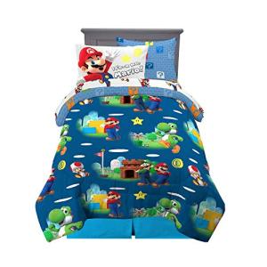 Super Mario Bros Kids Bedding Super Soft Cozy Reversible Comforter and Sheet Set with Sham, 5 Piece Twin Size Nintendo Gamer Bed Set, (100% Officially Licensed Product) by Franco