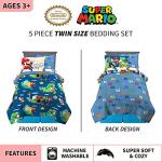 Super Mario Bros Kids Bedding Super Soft Cozy Reversible Comforter and Sheet Set with Sham, 5 Piece Twin Size Nintendo Gamer Bed Set, (100% Officially Licensed Product) by Franco