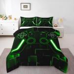 Erosebridal Gaming Bedding Sets for Boys Green Gamer Comforter Sets for Kids Teen Cool Video Game Black Quilt Bed Set,Abstract Check Ombre Green Honeycomb Duvet Insert for All Season,Twin Size