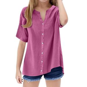 AIMAOMI White Shirt Girls 2026 Shirts for Girls Trendy Summer Cotton Linen Short Sleeve Tops Collared Button Down Causal Blouse Clothing (Hot Pink, 12-13 Years)