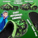 Minecraft Clogs for Boys, Slip-On Non-Slip Shoes with Strap, Garden or Indoor Sandals, House Shoes, Gifts for Boys (Black/Green, 4/5 US)