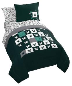 Jay Franco Minecraft Creeper Full Comforter Set - 7 Piece Gamer Bedding Includes Sheet Set & Pillow Covers - Super Soft Checkered Bedding