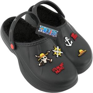 Get Trend One Piece Clogs for Boys, Fleece Lined Slip On Shoes, Non Slip Indoor Outdoor Slippers, Anime Gifts for Boys (12/13 US, Black One Piece)