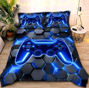 NTBED 3D Gaming Comforter Set for Boys Kids Teens,5pcs Gamer Bedding Sets with Sheet,Game Console Bed in a Bag (Blue, Twin)