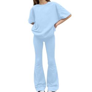 AIMAOMI girls outfits size 8 Girls 2 Piece Outfits Short Sleeve T-Shirt Crewneck Tops with Flare Pants Spring Summer Clothing Sets(Sky Blue, 8-9 Years)