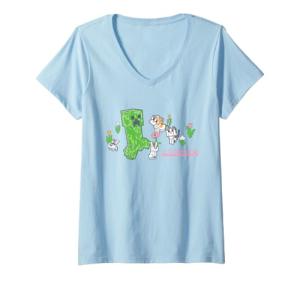 Womens Minecraft Creeper with Bunnies and Cats Pixel Garden V-Neck T-Shirt