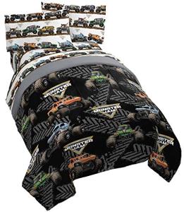 Jay franco Monster Jam Tracks 4 Piece Twin Bed Set - Includes Comforter & Sheet Set - Bedding Features Grave Digger & Megalodon - Super Soft Fade Resistant Microfiber (Official Monster Jam Product)