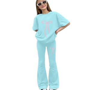 AIMAOMI girls linen pants Girl's 2 Piece Outfits Clothing Set Cute Bow Graphic Tee and Flare Bell Bottom Pants Summer Clothing Sets(Light Green, 9-10 Years)