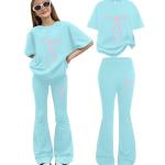 AIMAOMI girls linen pants Girl's 2 Piece Outfits Clothing Set Cute Bow Graphic Tee and Flare Bell Bottom Pants Summer Clothing Sets(Light Green, 9-10 Years)