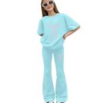 AIMAOMI girls linen pants Girl's 2 Piece Outfits Clothing Set Cute Bow Graphic Tee and Flare Bell Bottom Pants Summer Clothing Sets(Light Green, 9-10 Years)