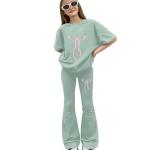 AIMAOMI girls linen pants Girl's 2 Piece Outfits Clothing Set Cute Bow Graphic Tee and Flare Bell Bottom Pants Summer Clothing Sets(Light Green, 9-10 Years)