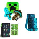 Minecraft Crossbody Bag, Plush Toy Set and Pencil Case Stationery Set Boys, Teens, Creeper Sling Bag, 3 Plush Toys, School Supplies, Gifts for Boys