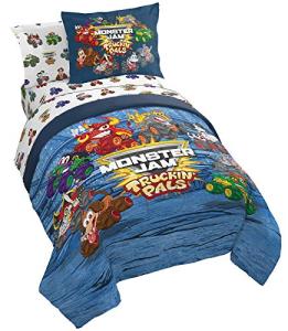 Monster Jam Truckin Pals 5 Piece Twin Bed Set - Includes Comforter & Sheet Set - Bedding Features Grave Digger & Megalodon - Super Soft Fade Resistant Microfiber (Official Monster Jam Product)