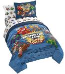 Monster Jam Truckin Pals 5 Piece Twin Bed Set - Includes Comforter & Sheet Set - Bedding Features Grave Digger & Megalodon - Super Soft Fade Resistant Microfiber (Official Monster Jam Product)