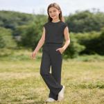 AIMAOMI linen pants Girls 2 Piece Outfits Summer Sleeveless Crewneck T-Shirts Tops and Wide Leg Pants Clothing Sets(Dark Gray, 9-10 Years)