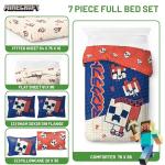 Jay Franco Minecraft Creeper Full Size Comforter Set - 7 Piece Bedding Includes Sheet Set & Pillow Covers - Super Soft Red & Blue Oishi Market Kids Bedding