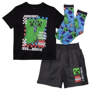 Minecraft Creeper Boys 3-Piece Set - Short Sleeve Graphic T-Shirt, Shorts & Socks - Complete Summer Outfit for Kids (Black/Gray, Size 5/6)
