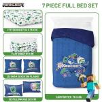 Jay Franco Kids Comforter Set Includes Sheets and Pillow Covers - Soft and Cozy Bed Set for Stylish Room Decor, Blue - Minecraft 02, 7 Piece Full Bedding