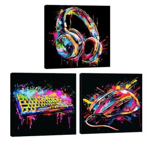 Teen Room Decor Boys Men Gamer Room Canvas Wall Art Frame Naruto Minecraft Poster 3 Piece Colorful Graffiti Gaming Headphones Mouse Keyboard Black Picture for Bedroom Artwork(Black-1,12x12inx3)