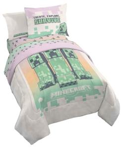 Minecraft Creeper Twin Comforter Set - 5 Piece Bedding Includes Sheet Set & Pillow Covers - Super Soft Pink & Green Kids Bedding