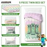 Minecraft Creeper Twin Comforter Set - 5 Piece Bedding Includes Sheet Set & Pillow Covers - Super Soft Pink & Green Kids Bedding