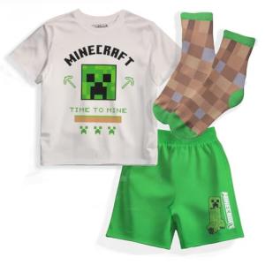Minecraft Creeper Boys 3-Piece Set - Short Sleeve Graphic T-Shirt, Shorts & Socks - Complete Summer Outfit for Kids (Cream/Green, Size 7)