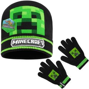 Minecraft Boys Winter Set, 6–14 Yrs, 3Pc Beanie Scarf Gloves, 2Pc Knit Cap Mitts, 1 Pc Bucket Hat|Beanie Gifts for Boys (6-14 Years, Black Hat & Gloves)