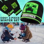 Minecraft Boys Winter Set, 6–14 Yrs, 3Pc Beanie Scarf Gloves, 2Pc Knit Cap Mitts, 1 Pc Bucket Hat|Beanie Gifts for Boys (6-14 Years, Black Hat & Gloves)