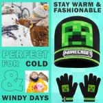 Minecraft Boys Winter Set, 6–14 Yrs, 3Pc Beanie Scarf Gloves, 2Pc Knit Cap Mitts, 1 Pc Bucket Hat|Beanie Gifts for Boys (6-14 Years, Black Hat & Gloves)
