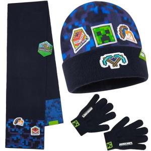 Minecraft Boys Winter Set, 6–14 Yrs, 3Pc Beanie Scarf Gloves, 2Pc Knit Cap Mitts, 1 Pc Bucket Hat|Beanie Gifts for Boys (6-14 Years, Blue Hat Scarf Gloves)
