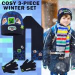 Minecraft Boys Winter Set, 6–14 Yrs, 3Pc Beanie Scarf Gloves, 2Pc Knit Cap Mitts, 1 Pc Bucket Hat|Beanie Gifts for Boys (6-14 Years, Blue Hat Scarf Gloves)