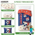 Jay Franco Minecraft Creeper Twin Comforter Set - 5 Piece Bedding Includes Sheet Set & Pillow Covers - Super Soft Red & Blue Oishi Market Kids Bedding