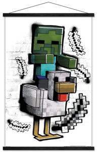 Trends International Minecraft: Metro Art - Chicken Jockey Wall Poster with Magnetic Frame, 34L x 22.4W, Print and Black Hanger Bundle