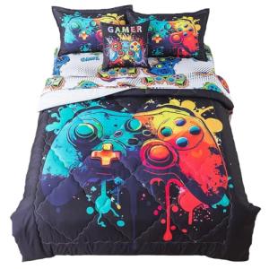 ADASMILE A & S Game Comforter Sets for Boys Kids 6 Piece Gaming Bedding Set Full Size Colorful Video Game Controller Printed Bed in A Bag Comforter with Gaming Sheets Soft Microfiber Home Decor